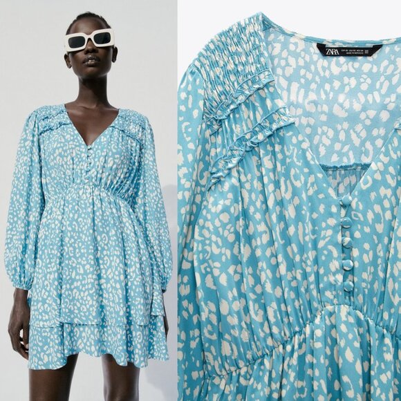 NEW Zara Animal Leopard Print V Neck Layered Ruffle Skirt Cute Mini Dress Blue S - Picture 10 of 10